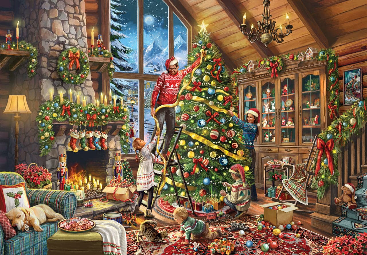 A family decorating a Christmas tree together