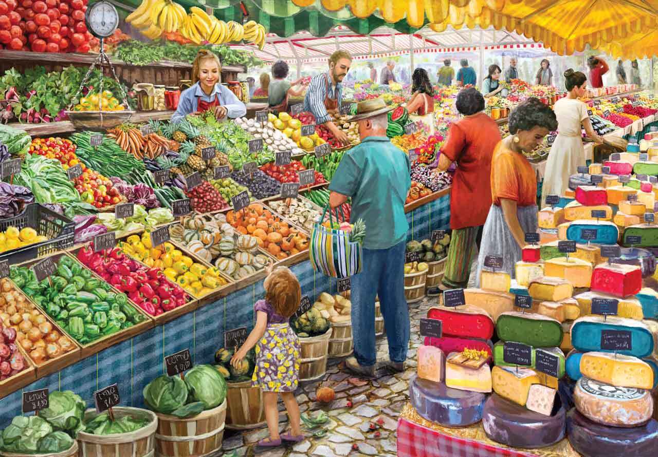 A bustling farmer's market in full color